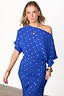 Blue Tilly Plisse Dress with silver dots and an asymmetric off-the-shoulder silhouette.
