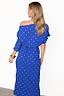 Thumbnail for Cobalt Blue Tilly Plisse Dress with silver dots and an asymmetric off the shoulder silhouette, shown from the back.