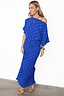 Thumbnail for Cobalt Blue Tilly Plisse Dress with silver dots, asymmetric sleeves, and an off-the-shoulder neckline.