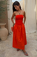 Red Tomato Lola Mid-axi Dress with a strapless ruched bodice and cotton skirt, designed in London.