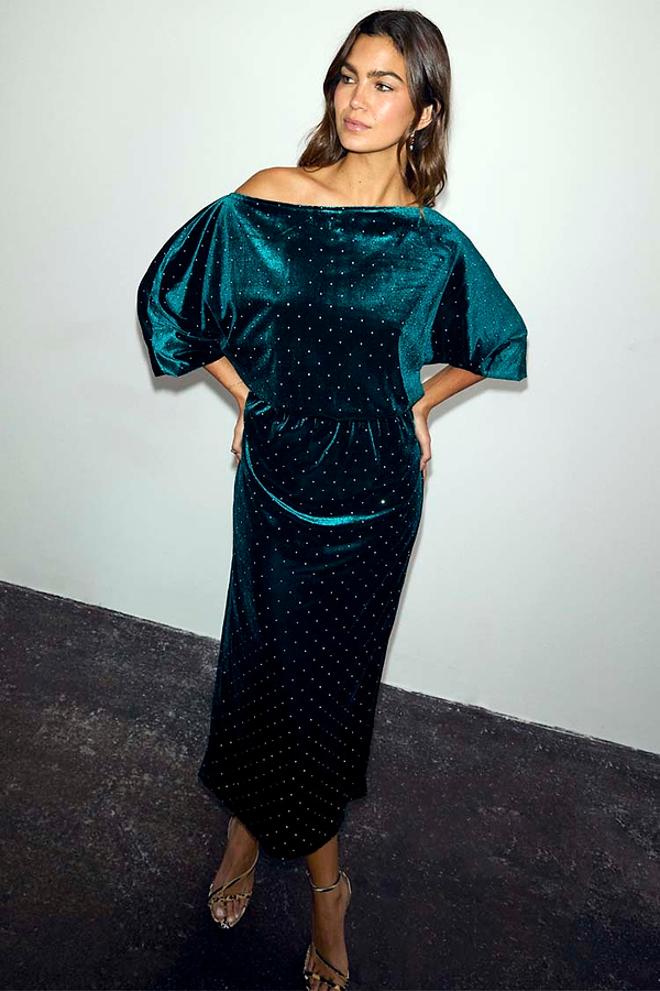 Emerald Velvet Tilly Dress featuring silver diamante, an off-the-shoulder neckline and voluminous sleeves.