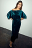 Emerald Velvet Tilly Dress with silver studs, an off-the-shoulder neckline and voluminous sleeves.