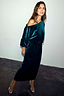 Thumbnail for Emerald Velvet Tilly Dress featuring a green velvet fabric with sparkly dots and an off-the-shoulder neckline.