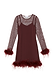 Wine Mesh Feather Mini Dress with long sheer sleeves and detachable feather trims at the cuffs and hem.