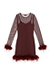 Wine Mesh Feather Mini Dress in burgundy with long sheer sleeves, detachable feather cuffs and hem.