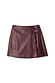 Burgundy vegan leather mini kilt skirt featuring pleated side detailing and silver-tone buckle fastenings.