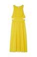 Bright yellow Ella Dress in pleated fabric with side cut-outs and a defined waistband on a plain white background.