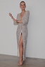 Thumbnail for Silver Sequin Kira Wrap Dress featuring long sleeves, a deep V-neckline and a high-slit wrap skirt.