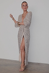 Silver Sequin Kira Wrap Dress featuring long sleeves, a deep V-neckline and a high-slit wrap skirt.