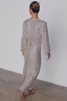 Silver Sequin Kira Wrap Dress with long sleeves and a wrap tie fastening, seen from the back.