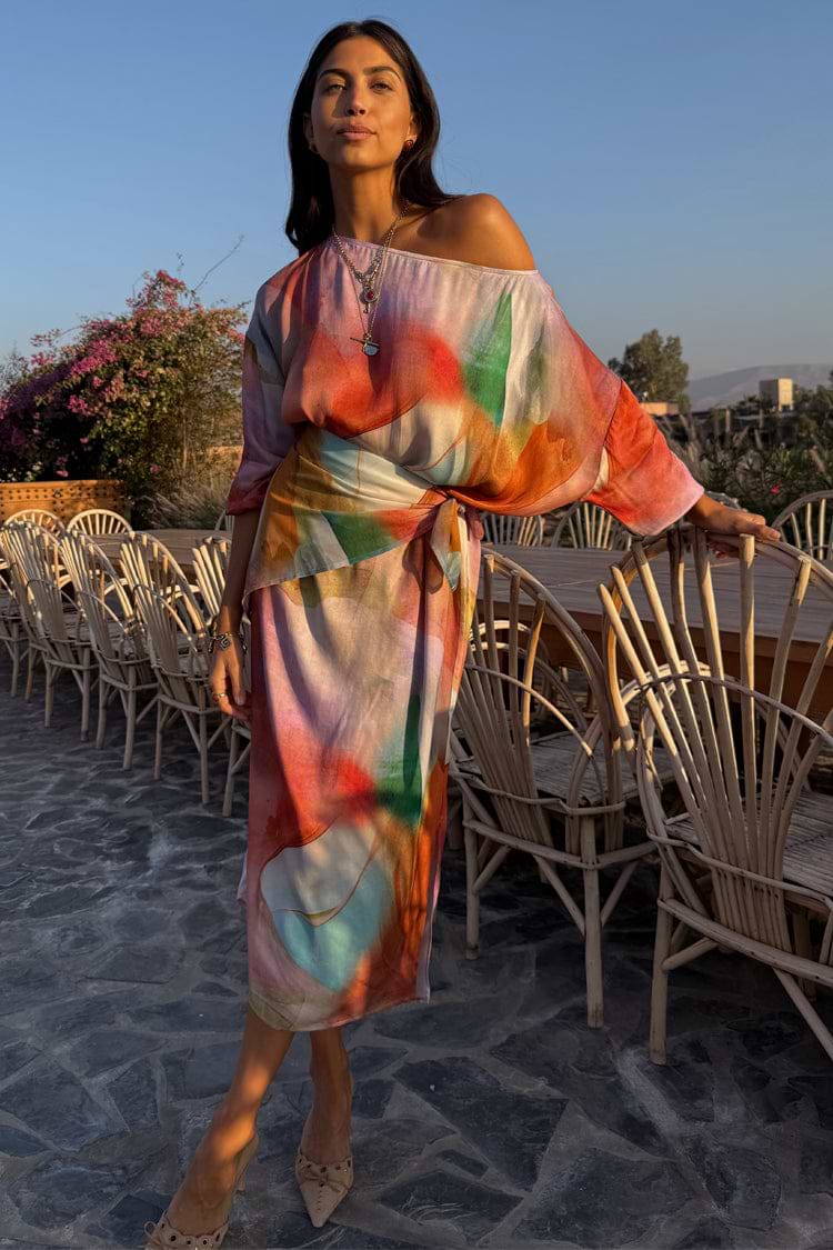 Multicoloured Abstract Jem Dress featuring a cinched waist scarf and relaxed silhouette for dopamine dressing.