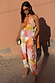 Abstract Lily Top in a pink and orange watercolor print with a multi-wear tie neck, worn as a co-ord.
