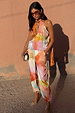 Abstract Lily Top in a pink and orange watercolor print with a multi-wear tie neck, worn as a co-ord.
