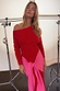 Red and Pink Afia Midi Dress with long sleeves, an off-the-shoulder knit neckline and contrast pink wrap tie.