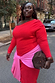 Red and Pink Afia Midi Dress in a soft knit with an off-the-shoulder neck and contrast tie waist.