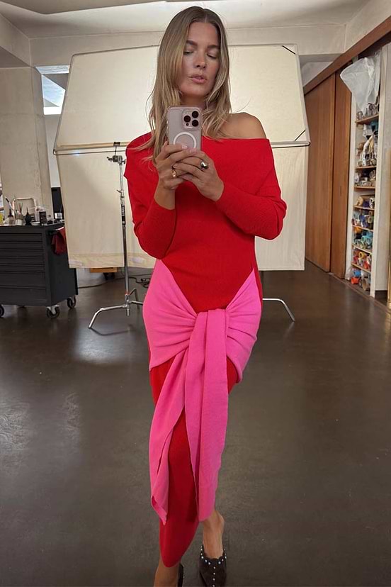 red & pink dress Pink and Red Scalloped Midi