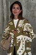 Olive Amara Knit Coatigan in khaki with white eye and flower motifs, styled with a tan suede bag.
