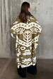 Olive Amara Knit Coatigan with white Mediterranean motifs, featuring an oversized longline fit from the back.