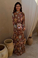 Star Fawn Aria Mesh Dress in brown with sun and star motifs, featuring flared sleeves and a matching scarf.