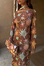 Thumbnail for Star Fawn Aria Mesh Dress in brown with celestial motifs, flared sleeves and a matching printed clutch bag.