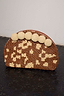 Thumbnail for Jaden Beaded Clutch Bag featuring brown and cream leopard print beading and large cream crochet pom-poms.