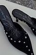 Black Suede Mules with silver studs, scallop edging and a pointed toe, featuring NFD branded insoles.
