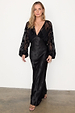 Black Swallow Romance Emma Dress with sheer devore swallow print sleeves and a long black satin skirt.