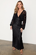 Black Swallow Romance Emma Dress with sheer crepe sleeves and a satin skirt featuring a velvet swallow print.