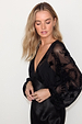 Black Swallow Romance Emma Dress featuring sheer sleeves with a velvet devore swallow print and satin skirt.