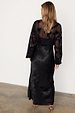 Black Swallow Romance Emma Dress shown from the back with a sheer crepe top and satin skirt in a velvet swallow print.