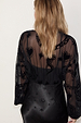 Black Swallow Romance Emma Dress featuring a sheer crepe top and satin skirt with velvet devoré swallow patterns.