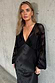 Thumbnail for NFD Black Swallow Romance Emma Dress with a sheer crepe top and satin skirt in a velvet swallow devore print.