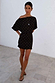 Black Plisse Mini Tilly Dress with gold metallic dots, an off-the-shoulder neckline and lettuce trims, designed in London.