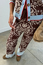 Thumbnail for Chocolate brown bandana wide leg knit trousers featuring a blue contrast hem and drawstring waistband.