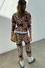 Thumbnail for Chocolate Bandana Wide Leg Trousers in a brown knit co-ord with an iconic print and contrast blue hems.