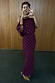 Thumbnail for Burgundy Tilly Dress in plisse with gold flecks, featuring a multi-wear off-the-shoulder neckline.