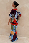 Navy Abstract Callie Cardigan with a bold artist print and red trims, paired with the matching Dorris skirt.