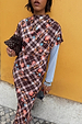 Chocolate brown check floral top with high neck, designed in London and styled as a co-ord with a matching skirt.