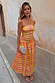 Check Lola Mid-axi Dress in yellow, pink and orange with a ruched bodice, thin straps and full cotton skirt.