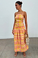 Check Lola Mid-axi Dress in yellow, pink and orange check with a ruched bodice and gathered cotton skirt.