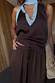 Satin Naomi Cargo Trousers in chocolate brown styled with a blue lace-trimmed top and neck scarf.