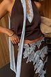 Chocolate Lily Skirt in brown satin featuring light blue lace trim, paired with a matching lace-detailed top.