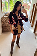 Navy Cowboy Boots Jake Skirt and matching cardigan with western motifs and pink trim on a model.