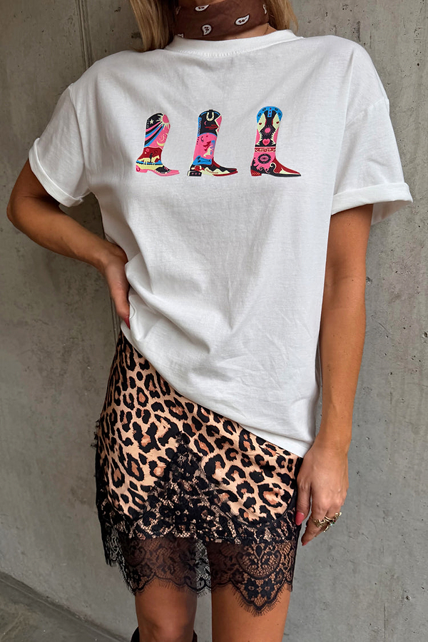 White cotton Cowboy Boot T-Shirt with multicoloured motifs and a boxy fit, styled with leopard print.