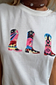 White Cowboy Boot T-Shirt in soft cotton with three colourful boot motifs designed in-house.
