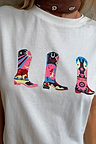 White Cowboy Boot T-Shirt in soft cotton with three colourful boot motifs designed in-house.