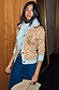 Spotted Deer Print Hollie Cardigan in a tan soft touch knit with light blue trim, styled with dark denim jeans.