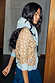 Deer Print Hollie Cardigan in beige and white with light blue cuffs, paired with a matching scarf.