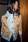 Blush and cream spotted Deer Print Hollie Cardigan with light blue trims and a decorative embroidered heart motif.