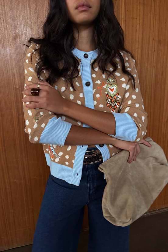 Tan Deer Print Hollie Cardigan with white spots and blue ribbed trims, featuring an embroidered heart detail.